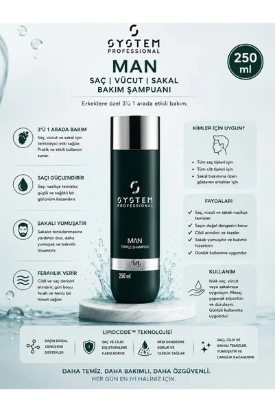 Wella System Professional Man Saç, Sakal ve Vücut İçin Çok Amaçlı Temizleyici ve Yenileyici Şampuanı 250ml